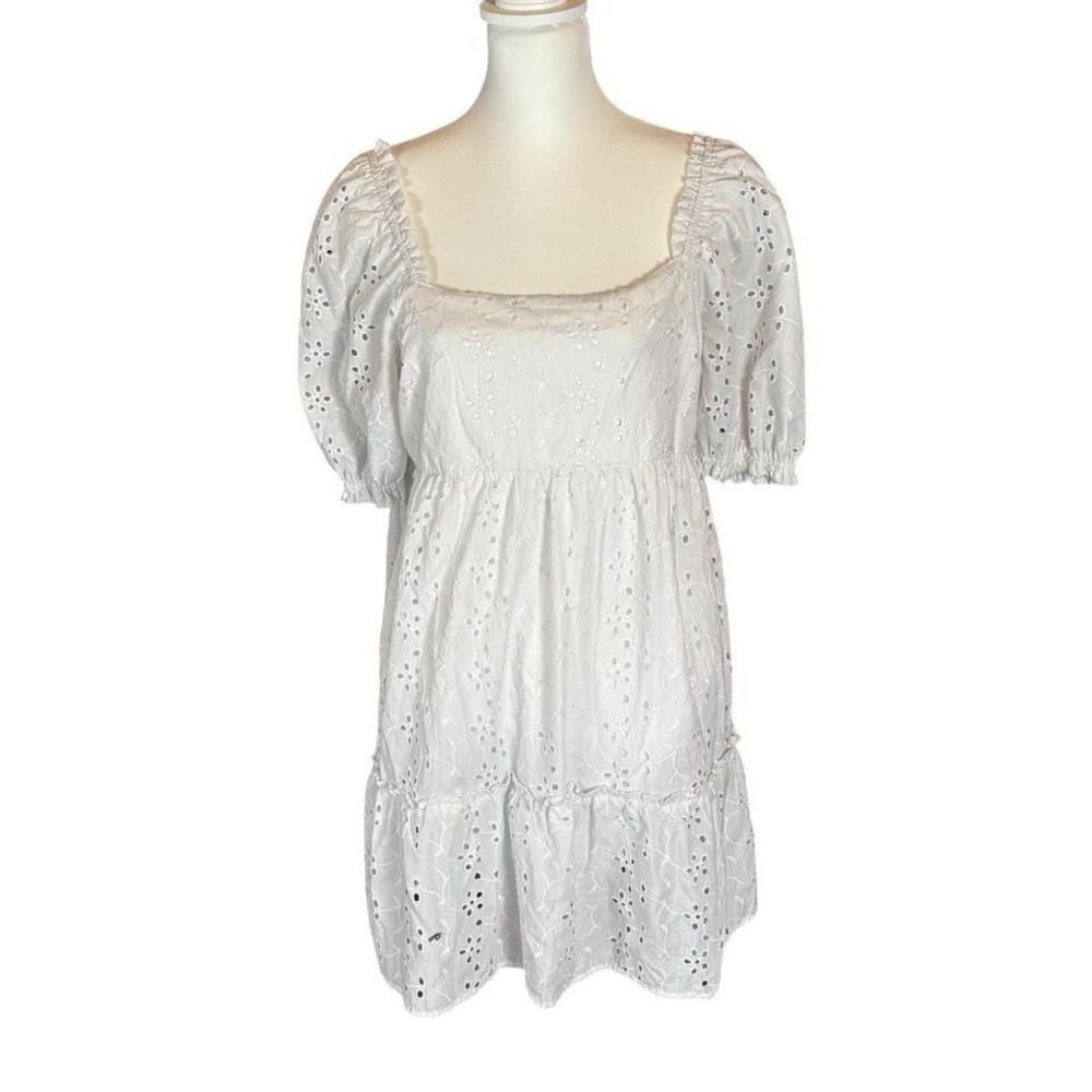 NWT‎ Cottagecore Maison d'Amelie White Eyelet Square Neck Tiered Mini Dress SZ L